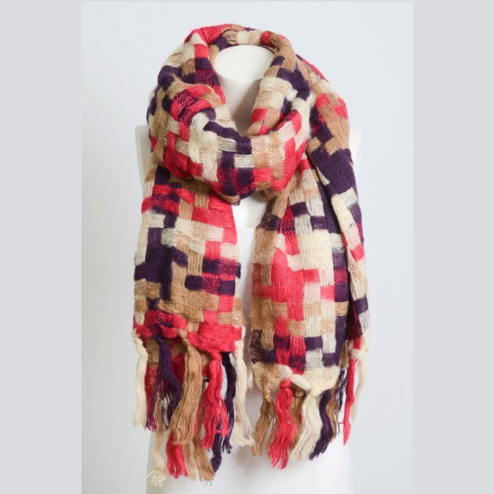 ❤️5/$15💚 Bright Statement Patchwork Woven Multicolor Plaid Scarf with Tassels - Picture 2 of 2